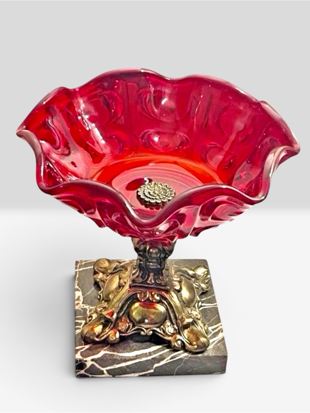 Vintage Ruby Red Ruffled Glass Pedestal Compote Bowl on Brass & Marble Base